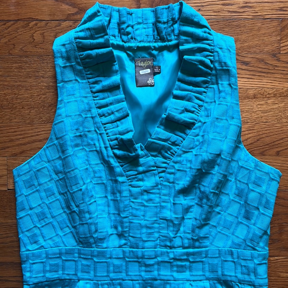 Taylor Ruffled Collar Teal Square Pattern Lined D… - image 2